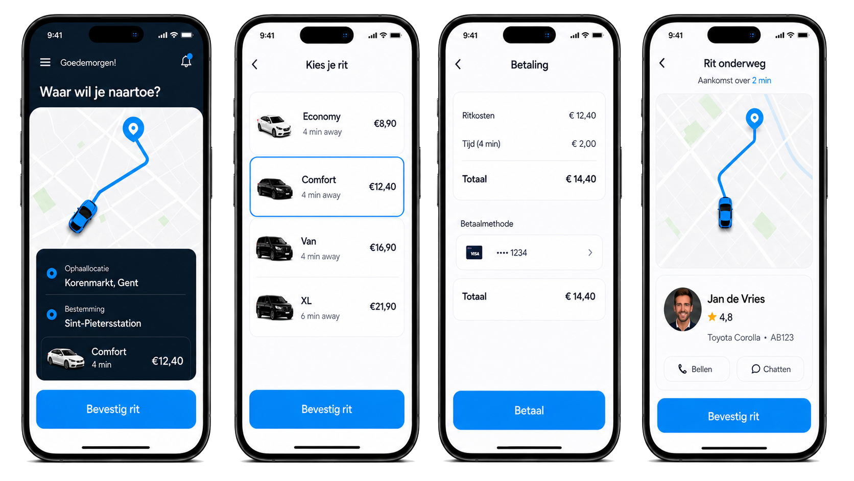 Rit app screens — enter destination, choose ride, payment, track